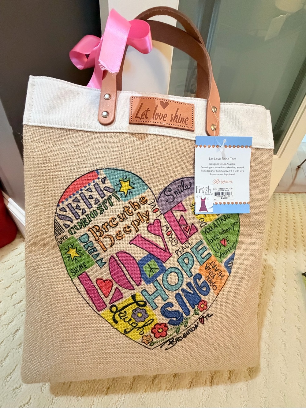 Brighton Beige Canvas Tote with Multicolor Heart Graphic and Pink Bow
